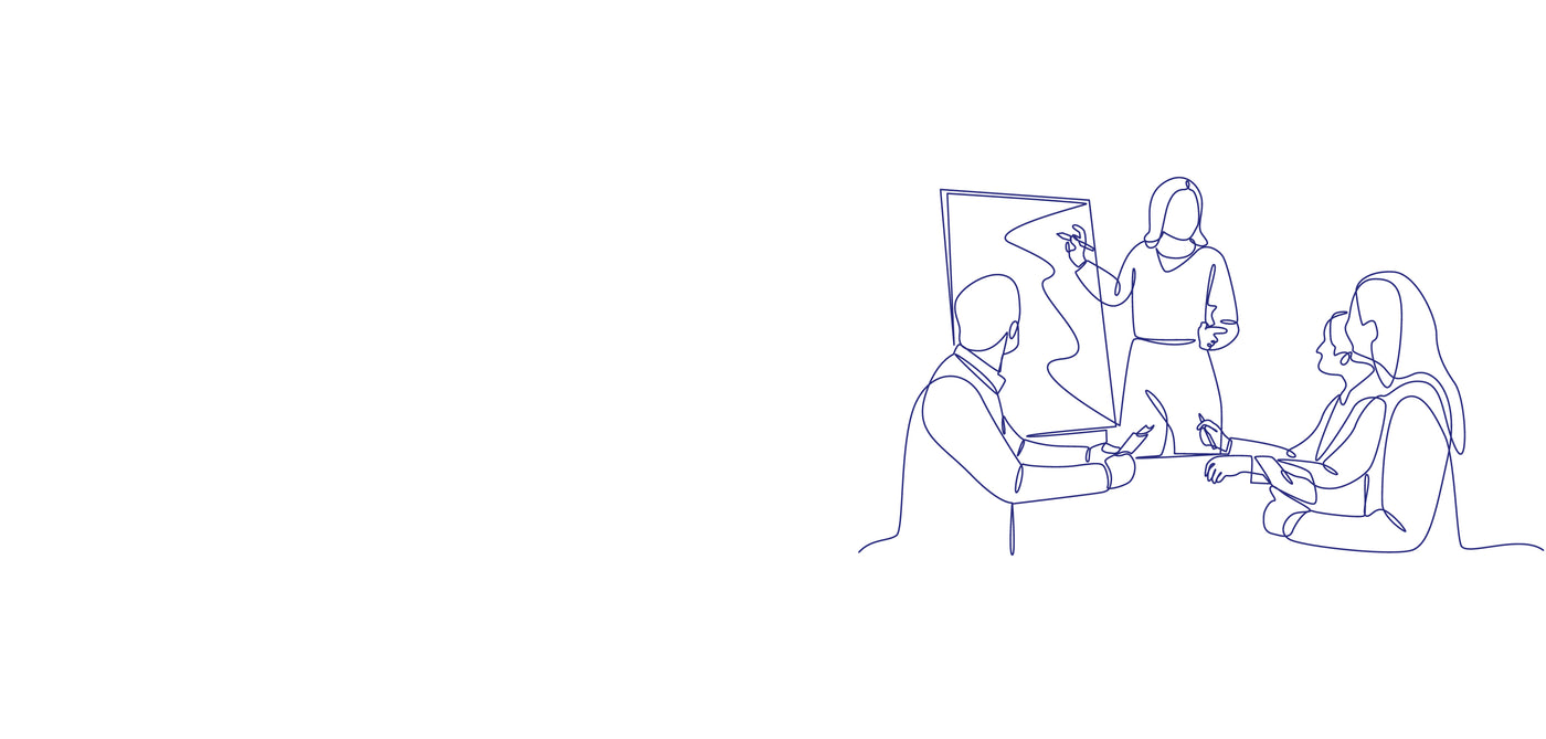 Line drawing of three people around a table with a map, indicating a meeting or discussion.