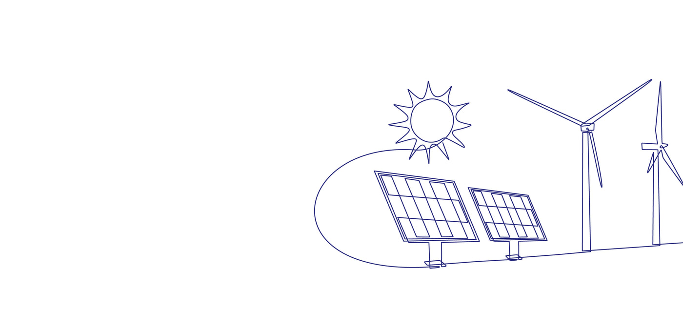 Illustration of solar panels and a wind turbine with a sun above them on a white background.