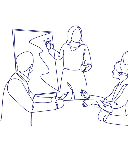 Line drawing of three people in a meeting around a table.