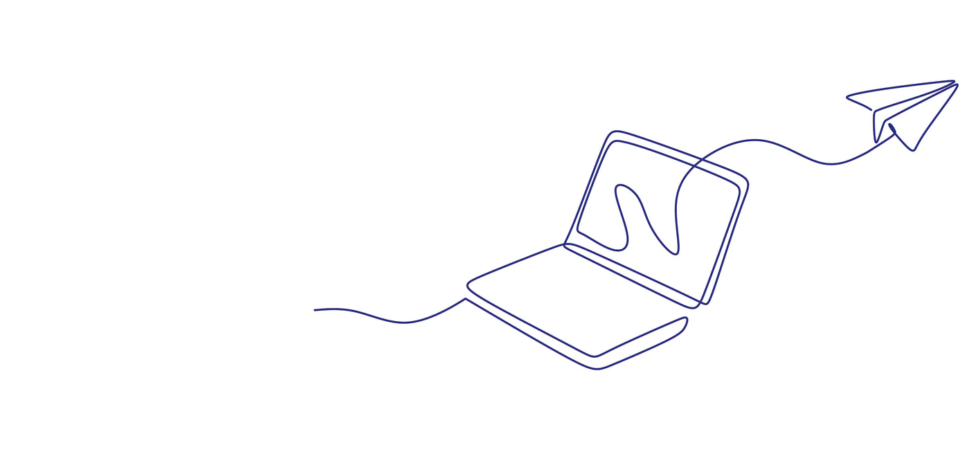 Outline of a laptop with a paper airplane coming out, on a white background